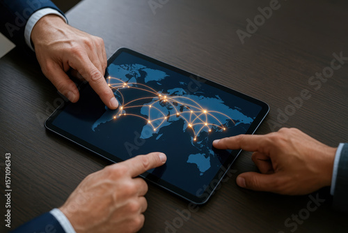 Two people pointing at digital tablet showing world map with glowing connection lines representing global free trade agreement talk and network communication