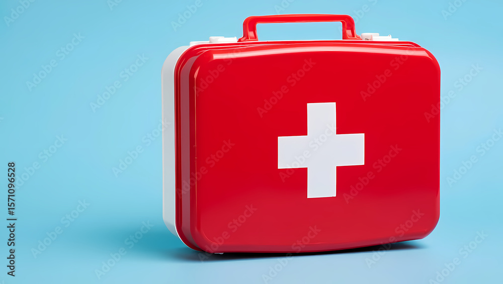 Obraz premium Red Closed First Aid Kit Box with White Cross Symbol on a Blue Background, Signifying Emergency Preparedness, Medical Readiness, and Healthcare Safety.