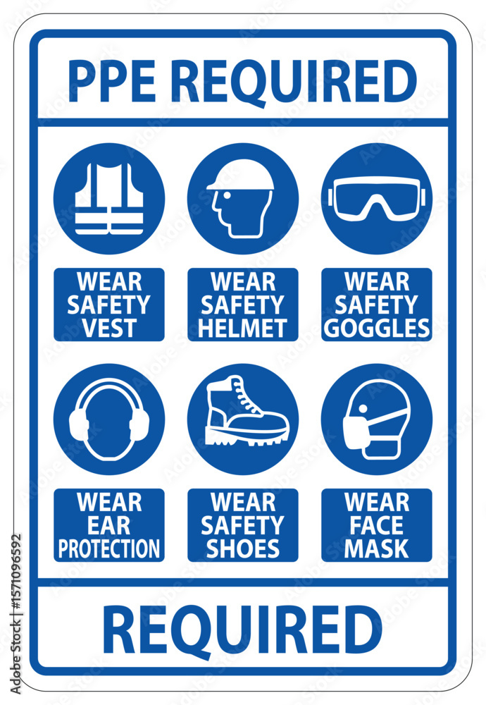 Obraz premium Essential Personal Protective Equipment Sign with Various Safety Symbols for Workplace Guidance