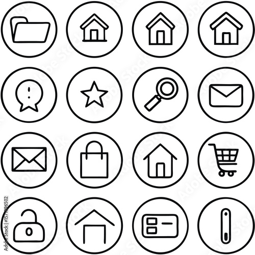 Collection of simple black and white outline icons in circles for web design