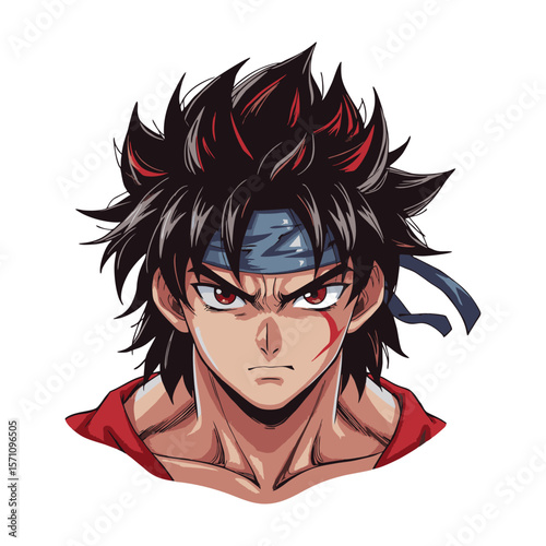 Anime-warrior-vector-Anime warrior with intense look and neutral expression depicted as isolated fantasy character in bold digital concept art1.eps