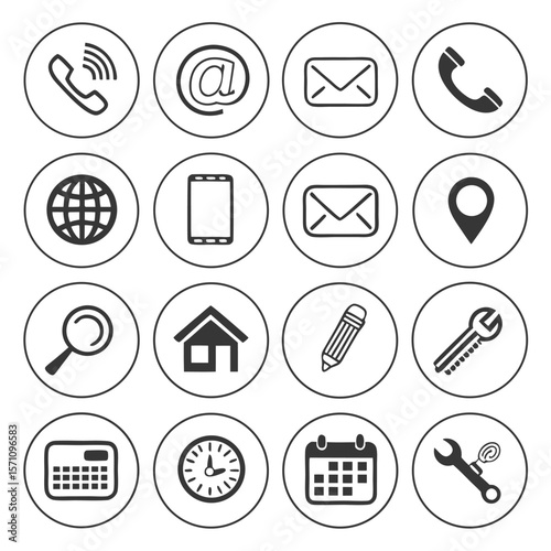 Collection of black and white circular icons representing communication and business services