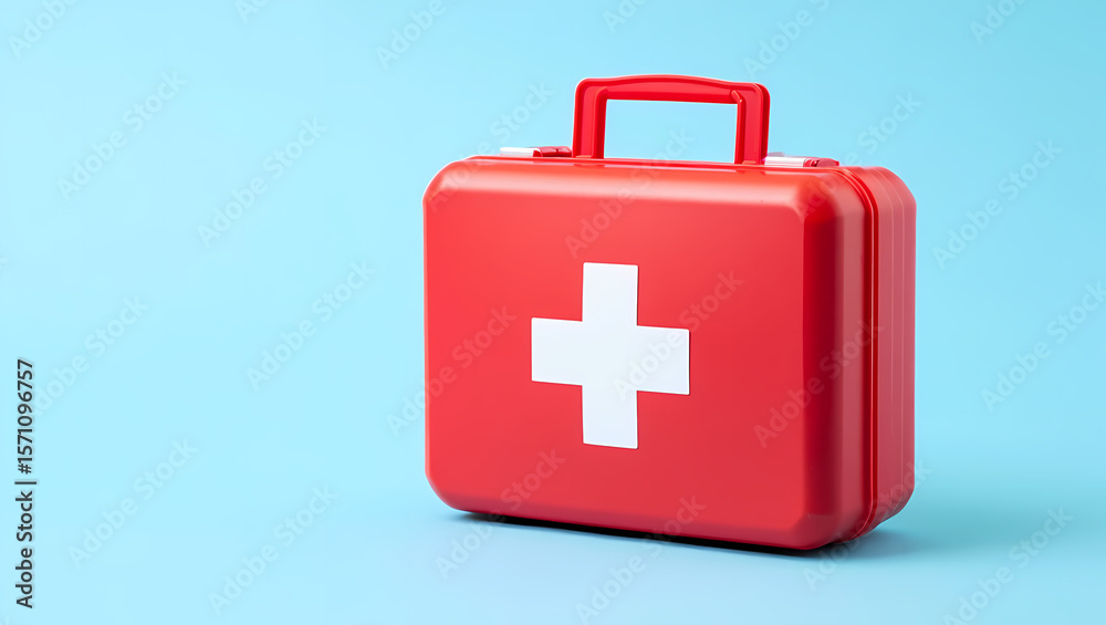 Fototapeta premium Red Closed First Aid Kit Box with White Cross Symbol on a Blue Background, Signifying Emergency Preparedness, Medical Readiness, and Healthcare Safety.