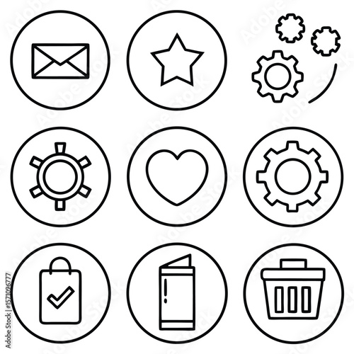 Set of nine simple outline icons representing common digital interface elements