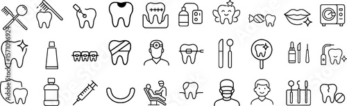 Dental Care Stroke Icon Collection — Featuring Tooth, Dentist, Oral Hygiene, Braces, and More. Editable Outline Icons for Dental Clinics and Health Projects.