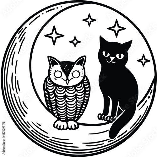 Whimsical black cat and owl sitting on a crescent moon with stars silhouette