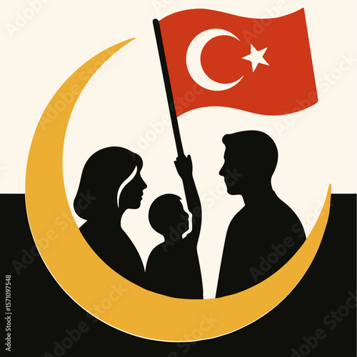 Minimalist 15 Temmuz - July 15 Symbol of Peace and Unity. Emotional Vector of Crescent Moon Embracing Family Under Turkish Flag.