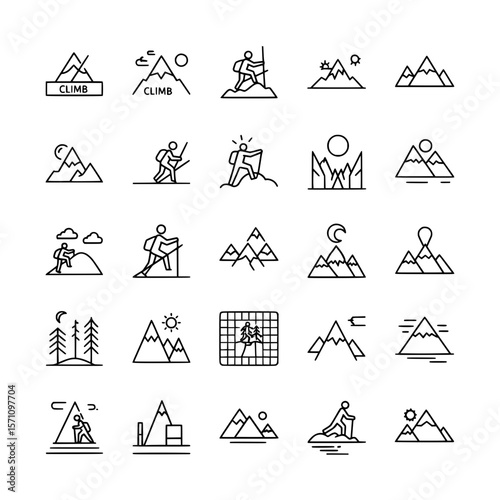 Mountain hiking line icons set featuring climbers, trails, peaks, sun, flags, forests, and nature scenes.