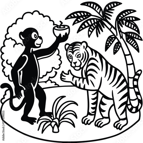 Friendly monkey offers coconut to a curious tiger under a palm tree silhouette