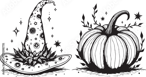 Halloween Witch Hat and Pumpkin Silhouette Vector Set