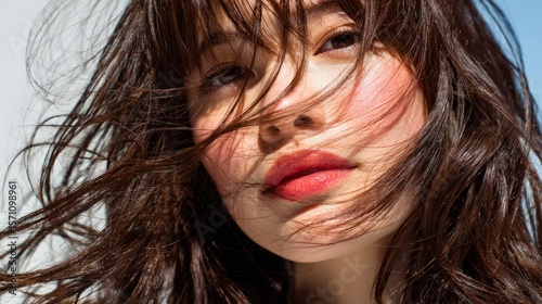Stunning Woman with Wind-Disheveled Hair and Bright Red Lips