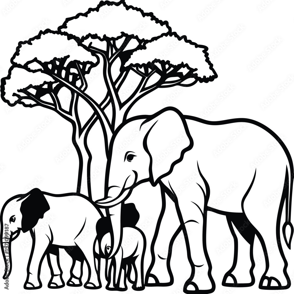Fototapeta premium Family of elephants walking under an acacia tree silhouette