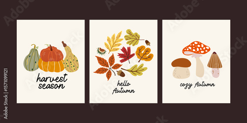 Abstract autumn simple posters collection. Hello Autumn. Background for greeting card, poster, flyer, cover. Nature cartoon illustration with ripe pumpkins, autumn leaves, forest mushrooms