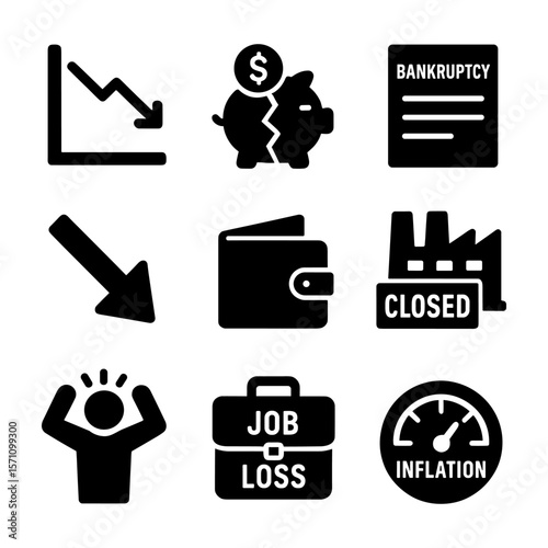 Recession and crisis icon set with declining chart, broken piggy bank, bankruptcy document, wallet, closed factory, job loss, and inflation gauge. Useful for economic reports and news