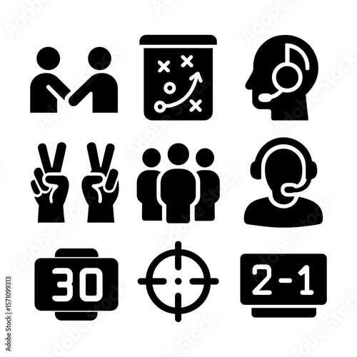 Team management and support icons featuring strategy board, headset, team, scoreboard, countdown timer, and target. Suitable for sport dashboards and helpdesk UI.