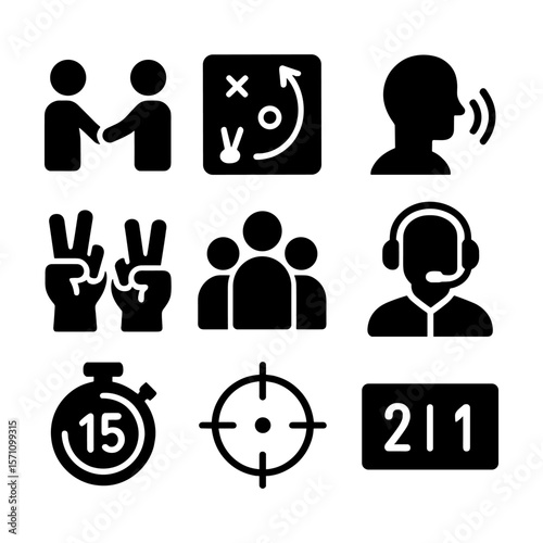 Teamwork and strategy icon set including handshake, game tactics, timer, target, customer service, group, and scoreboard. Ideal for team coordination and sports UX.