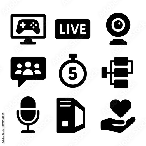 Live streaming and gaming icon set including computer screen, live badge, webcam, chat bubble, stopwatch, bracket, microphone, memory card, and heart in hand. Ideal for streaming platforms and esports