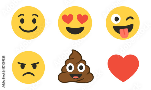 Emoji set showing various expressions including happy, love, silly, angry, poop, and heart. Suitable for messaging, reactions, and emotional UI design.