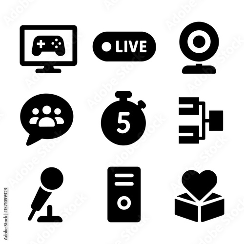 Bold live streaming icons featuring game screen, live button, webcam, chat bubble, timer, bracket chart, microphone, server unit, and heart in box. Great for digital content and gaming broadcasts.