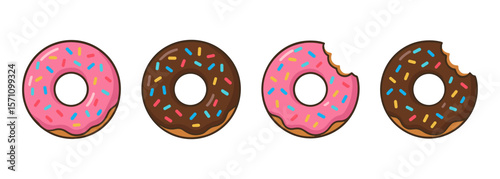 Colorful donut icon set with pink and chocolate frosting, some with bites. Ideal for bakery, sweets, desserts, and menu illustrations.
