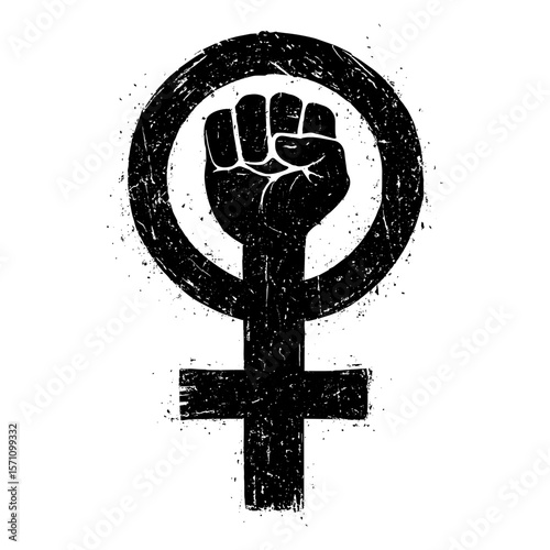 Grunge feminist symbol combining the Venus sign and raised fist. Represents feminism, resistance, and female empowerment.