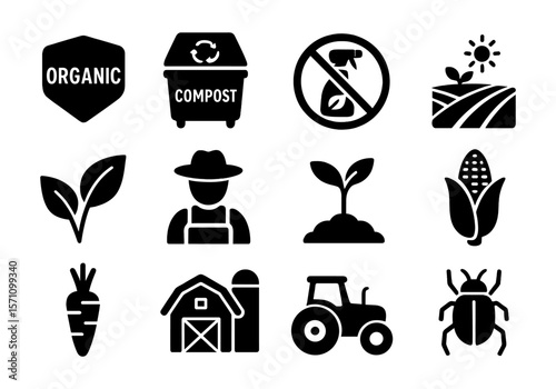 Farming and agriculture icon set in bold black style featuring crops, farmer, organic food, and equipment.