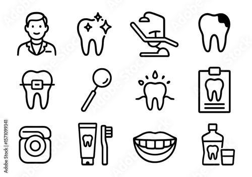 Dental and oral hygiene icon set with dentist, clean tooth, dental chair, decay, braces, magnifier, toothpaste, floss, smile, and mouthwash. Great for medical and healthcare design.