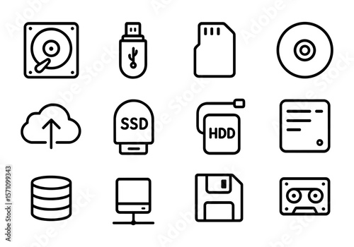 Storage and data device icon set including drives, cloud systems, and memory tools for digital information.