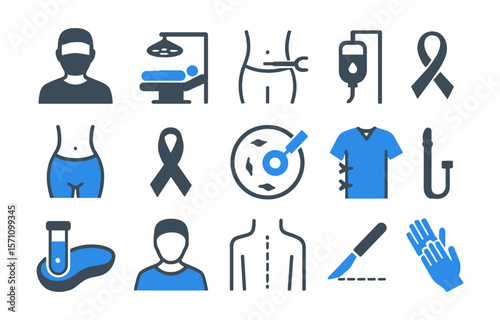 Plastic surgery and aesthetic medicine icon set featuring surgeon, operation table, IV drip, ribbon, uterus, test tube, scalpel, gloves, and body silhouette. Ideal for cosmetic and medical content.