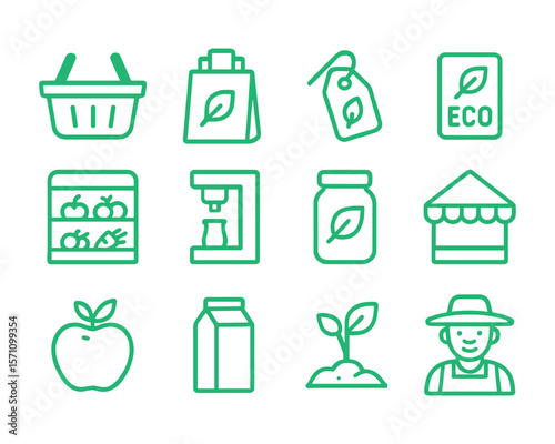 Eco-friendly grocery and organic market icon set including apple, milk, eco tag, shopping basket, shelf, sprout, farmer, and reusable bag. Suitable for sustainability and local food concepts.