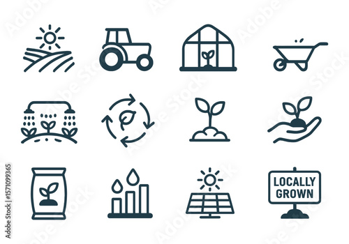 Sustainable farming and eco agriculture icon set with elements like solar panels, irrigation, and greenhouses.