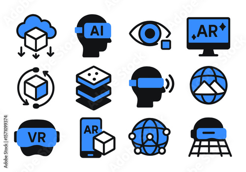 Virtual reality and augmented reality icon set with modern bold design, representing immersive technologies and digital environments.