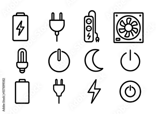 Electrical and power-related icon set including plugs, batteries, energy, switches, and power sources.