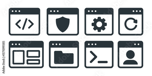 Software interface icon set representing coding, configuration, user interface, updates, and file structure.