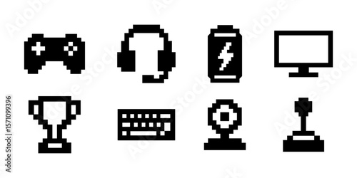 Pixel art gaming icon set showing retro 8-bit style elements such as joystick, headset, trophy, and console.