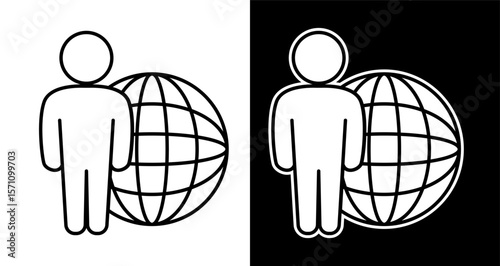 Global Connection Person and World Icon Set - Line Art