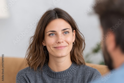 Woman listening attentively during a discussion, showcasing engagement and empathy, highlighting therapeutic communication in a counseling session