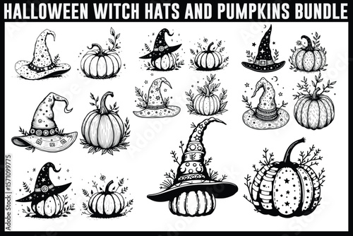 Halloween Witch Hat and Pumpkin Silhouette Vector Set