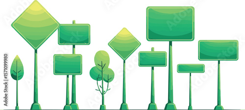 Create a kinds of deferent Green street signs vector art with white background.
