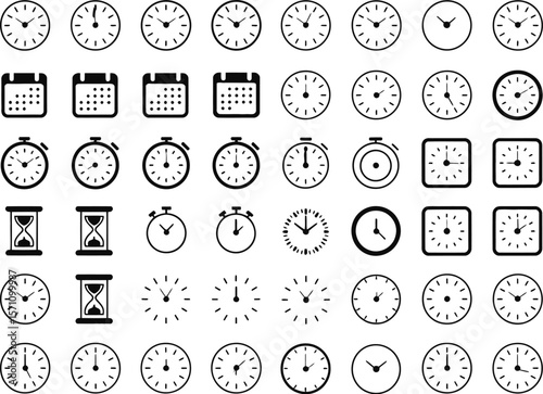 Set of Time and Clock Line Icons – Outline Alarm, Stopwatch, Wall Clock, and Gear Timer Icons for Productivity and Schedule Concepts 