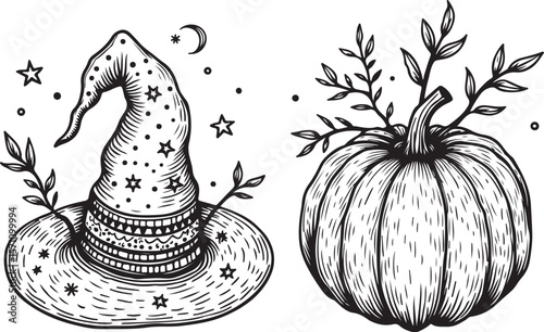 Halloween Witch Hat and Pumpkin Silhouette Vector Set