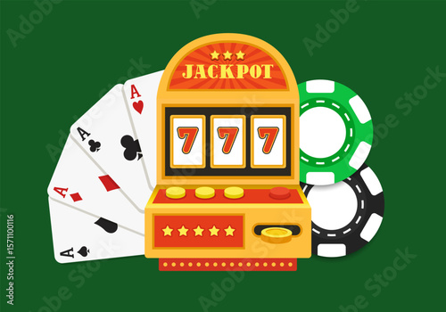 Casino illustration. Slot machine, chips, card fan. Vector flat illustration isolated on green background.