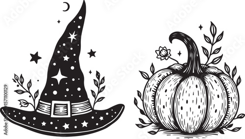 Halloween Witch Hat and Pumpkin Silhouette Vector Set