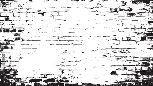 A black and white image of a distressed brick wall with visible damage and varying shades of gray