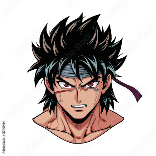 Anime-warrAnime warrior with burned hair and angry expression isolated as intense fantasy character in dynamic concept artior-vector-3.eps