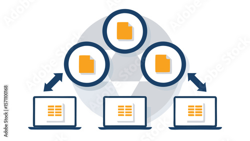 Data analysis visualization with charts and document in a circular arrangement on a blue background
