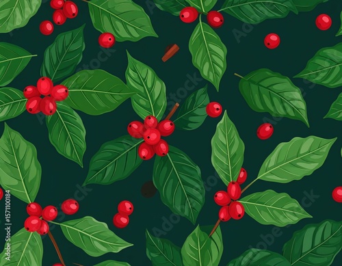 Red Berries And Green Leaves Pattern On Dark Background