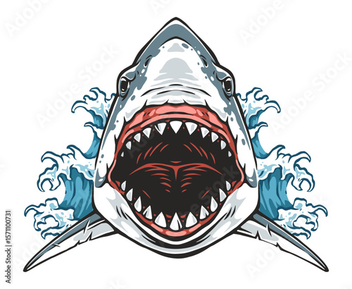 Shark bursts through waves displaying fierce teeth