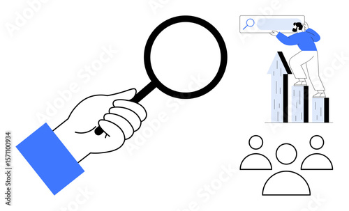 Hand holding a magnifying glass, individual reaching search bar atop graphs, abstract people figures. Ideal for research, analysis, search, team management, goal setting, data strategy simple flat