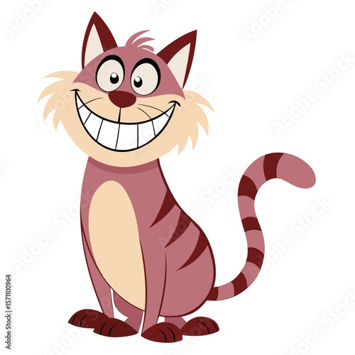 Cartoon smiling cat. Colourful happy kitten sitting. Suitable for children's books,fairy tale, sticker, mascot, logo. Isolated vector illustration on white background. Front view.